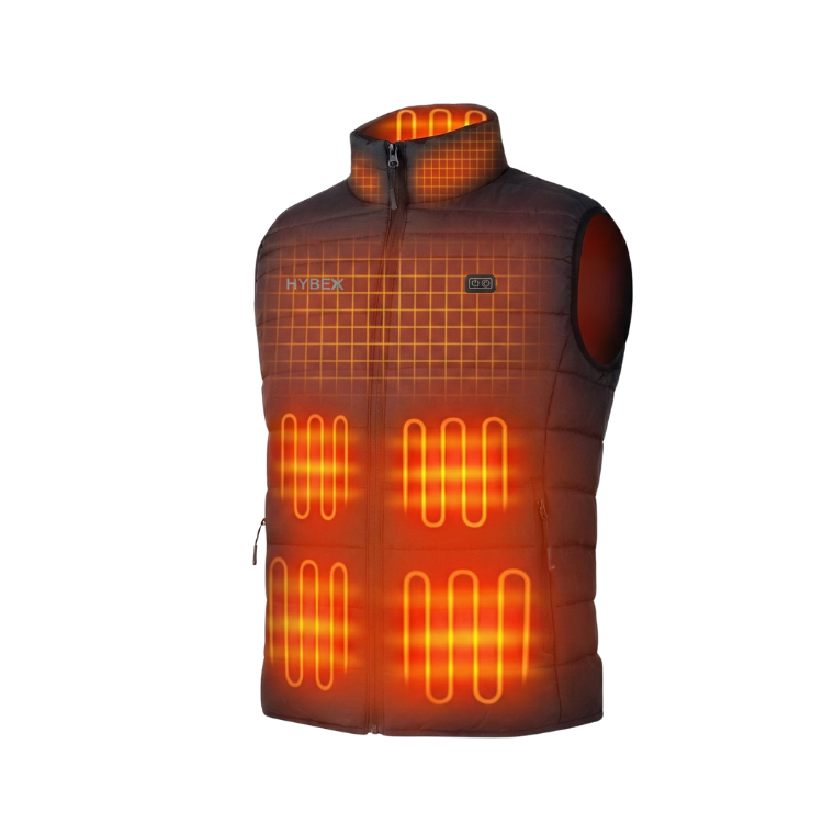 Black puffer vest with 'HYBEXX' branding on a white background