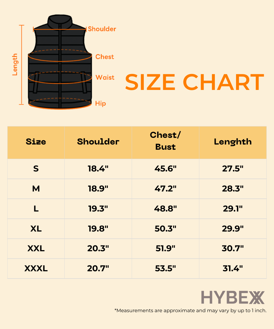 Size chart for a heated vest with HYBEXX branding
