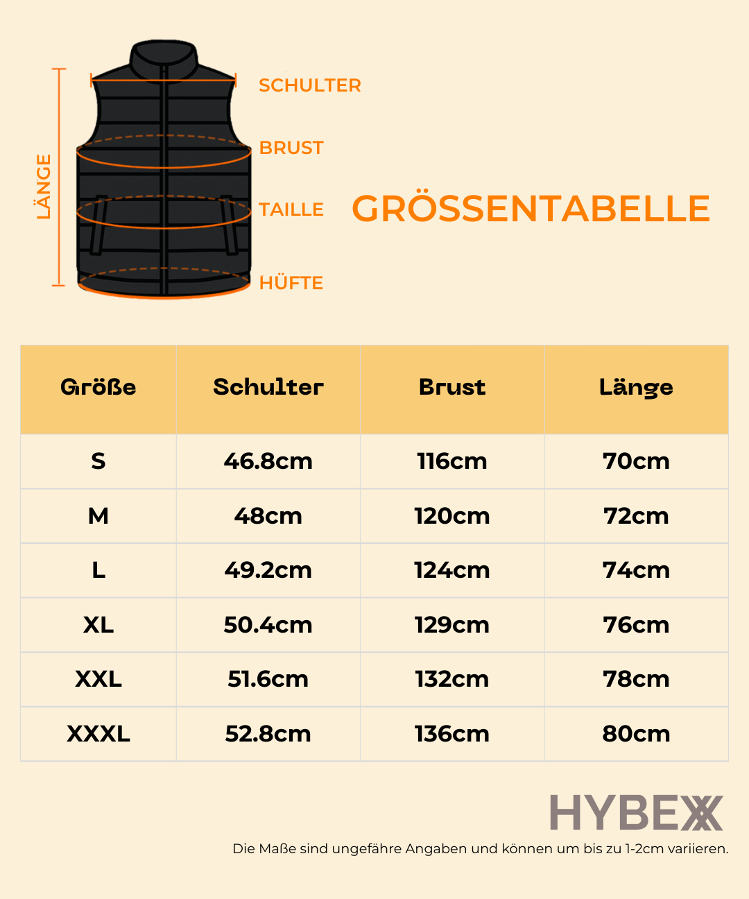 Size chart for a vest with measurements in centimeters, featuring the HYBEX brand.