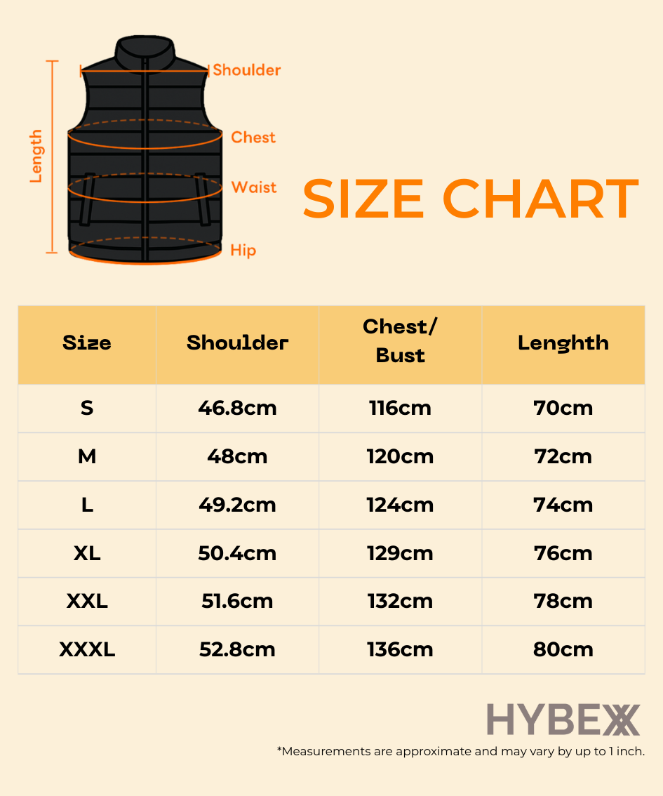 Size chart for a heated vest with HYBEX branding