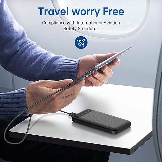 a person on an airplane using a slim, black power bank to charge a tablet. The text highlights compliance with international aviation safety standards, and an airplane icon is displayed in the center