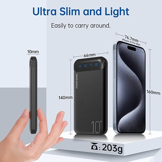 A slim, lightweight power bank listing dimensions as 140mm L by 66mm W by 10 mm D and a weight of 203g, compares the device's size to an iPhone 15 Pro Max (160mmL by 76.7mm W)