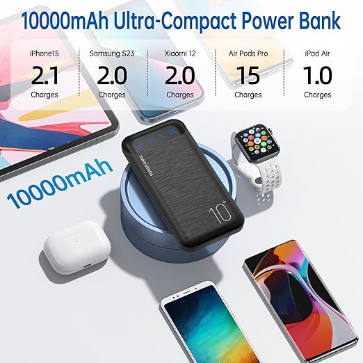 A 10,000mAh Ultra-Compact Power Bank showing charging capacities for several devices: 2.1 charges for an iPhone 15, 2.0 charges for a Samsung S23 or Xiaomi 12, 15 charges for AirPods Pro, and 1.0 charge for an iPad Air. The brushed charcoal power bank is compatible with a smartwatch, earbuds, and multiple smartphones.
