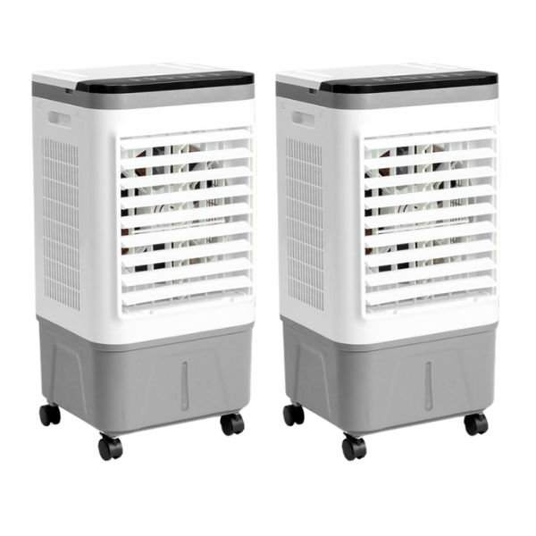Two portable air coolers with white top and gray bottom on a white background