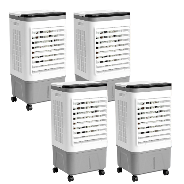 Four portable air coolers with white and gray design on a white background